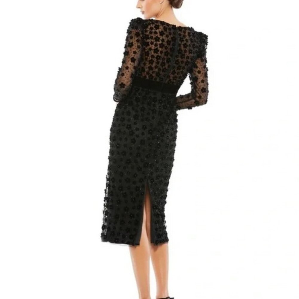 Mac Duggal Black Velvet Beaded Floral Appliqué Long Sleeve Tulle Dress - Picture 2 of 3